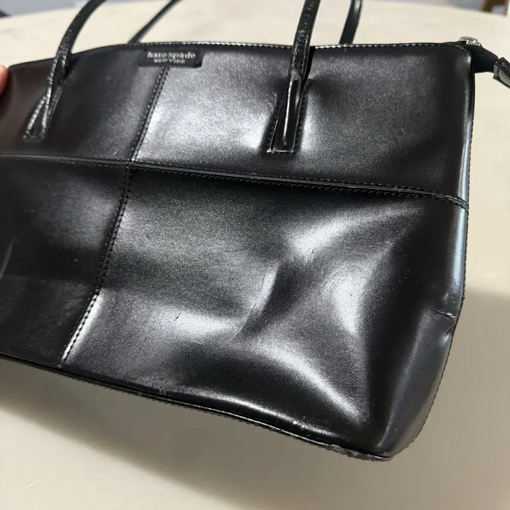 Kate Spade Black Satchel Shoulder Bag Structured Logo Plague Zip Top Chic